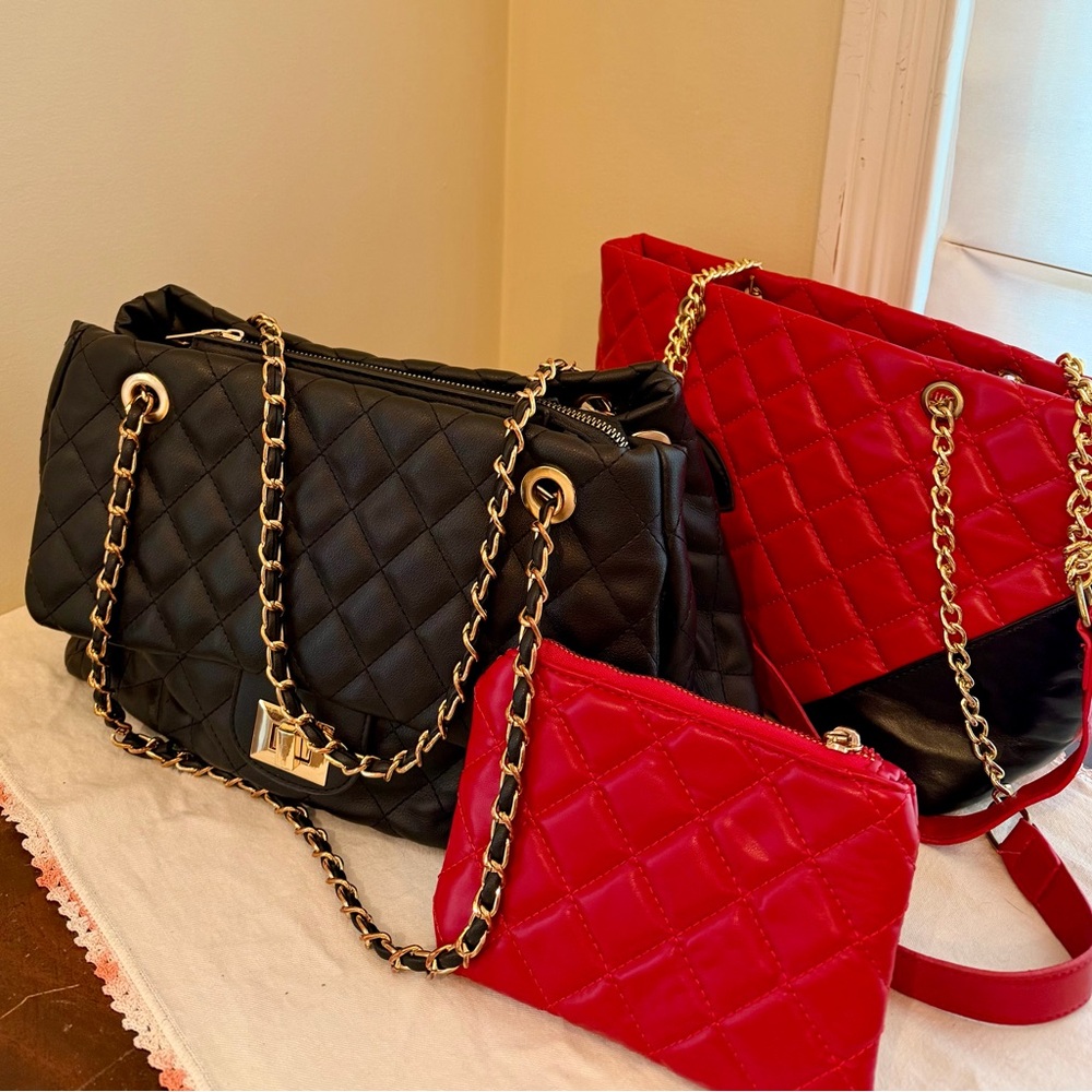Quilted Chain Bag Bundle | Black Shoulder Bag + Red Tote & Pouch- Gold Chain